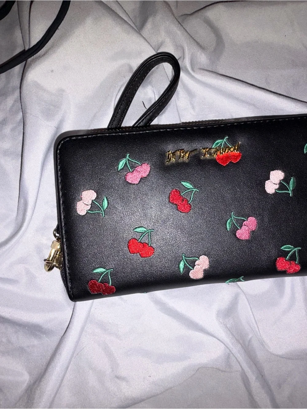 Embroidered Cherry Wristlet Clutch in Black